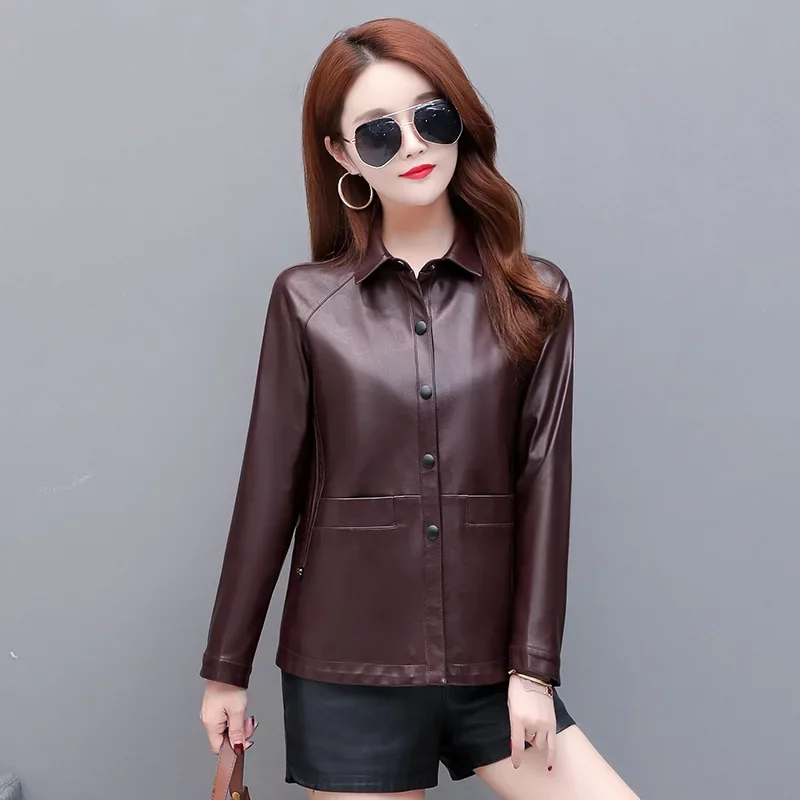 Leather Jacket Women 2023 Spring Autumn Single-breasted Slim Coats Female Elegant Leather Jackets Lapel Chamarras Para Mujeres