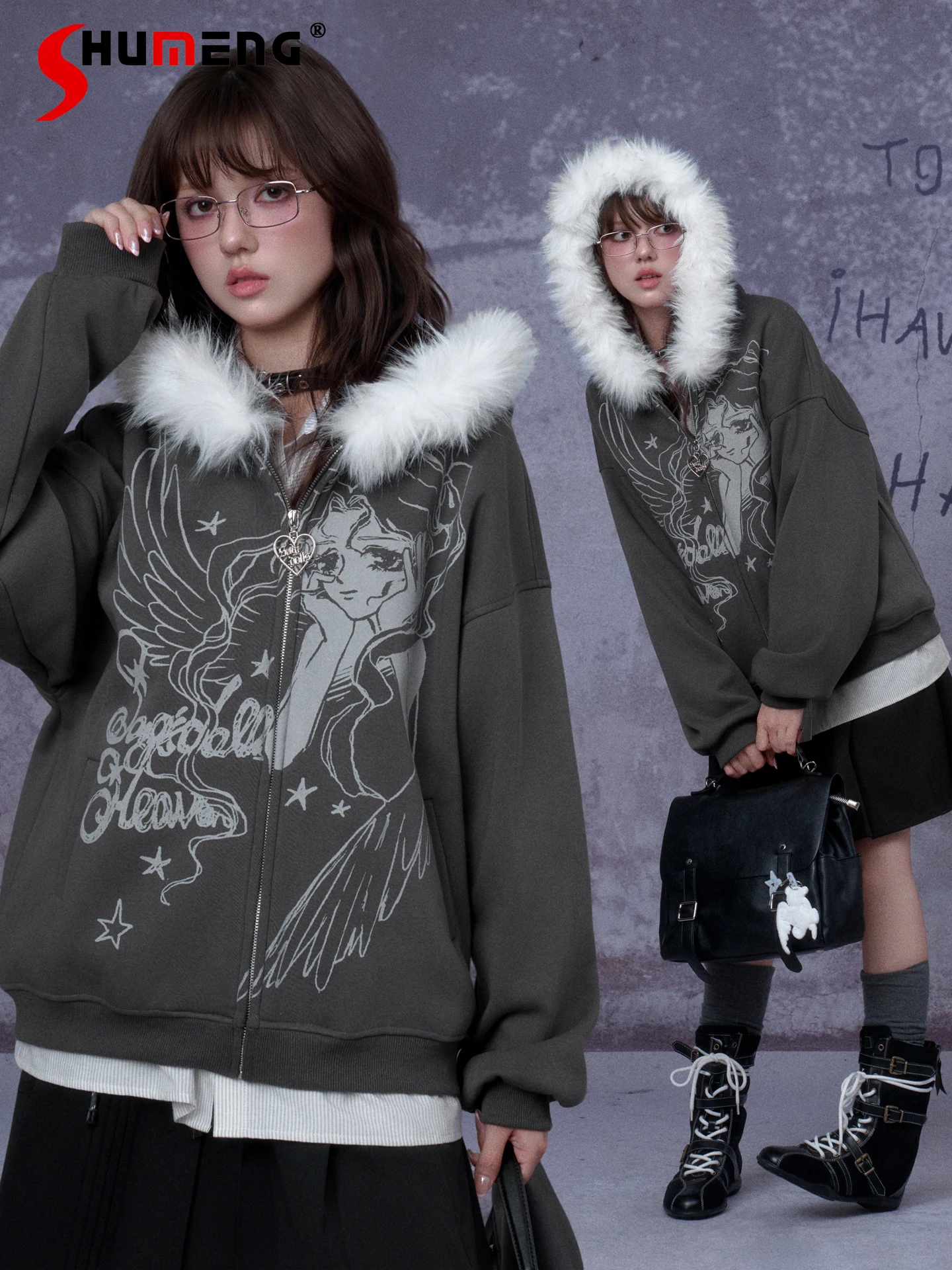 

Original Sweet Cool Punk Girl Hoodies Tops Cartoon Print Loose Casual Zipper Fleeced Hooded Sweatshirt Jacket for Women Autumn