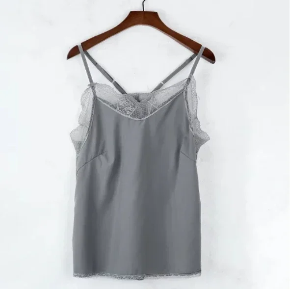Mulheres topos elegante tanque superior tubo de seda cetim camisola simples tiras colete topos sem mangas blusa francês tuning renda delicada