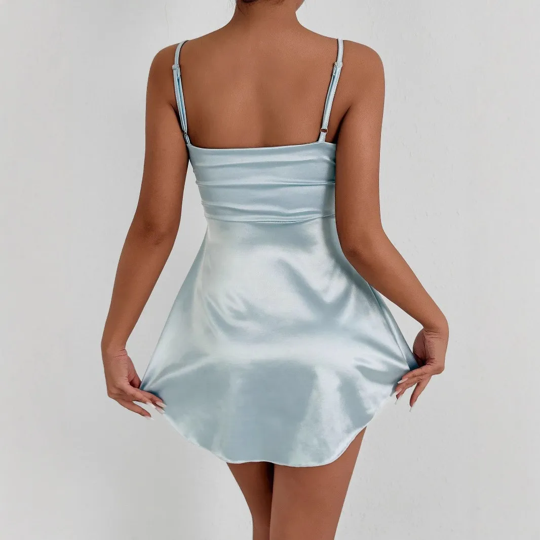 Abiti Abito da donna per lavoro Primavera Cupro Ritaglio diagonale Allacciato con coulisse Orlo a bolle Abito a vita bassa per il tempo libero urbano Vestibilità