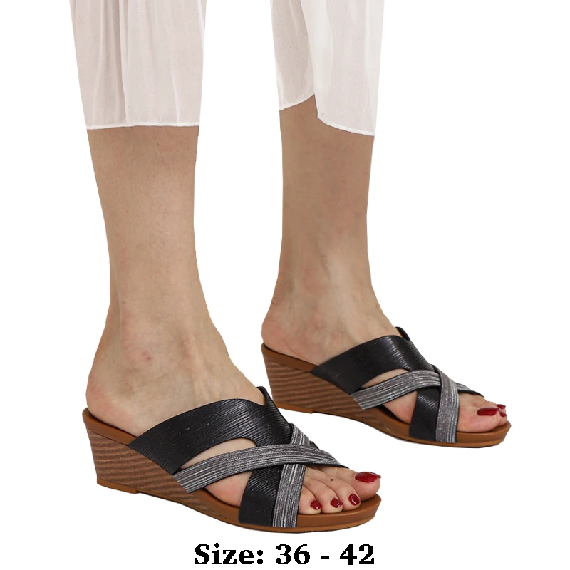 

High quality stripe leather flat sandals for women 5cm wedge mid heel summer 2025 36 42 open toe casual shoe black gold pink