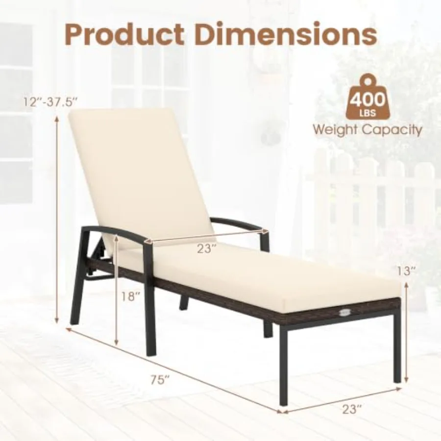 Outdoor patio furniture set: 2 rattan wicker lounge chairs, adjustable poolside chaise style, beige color, weather-resistant we