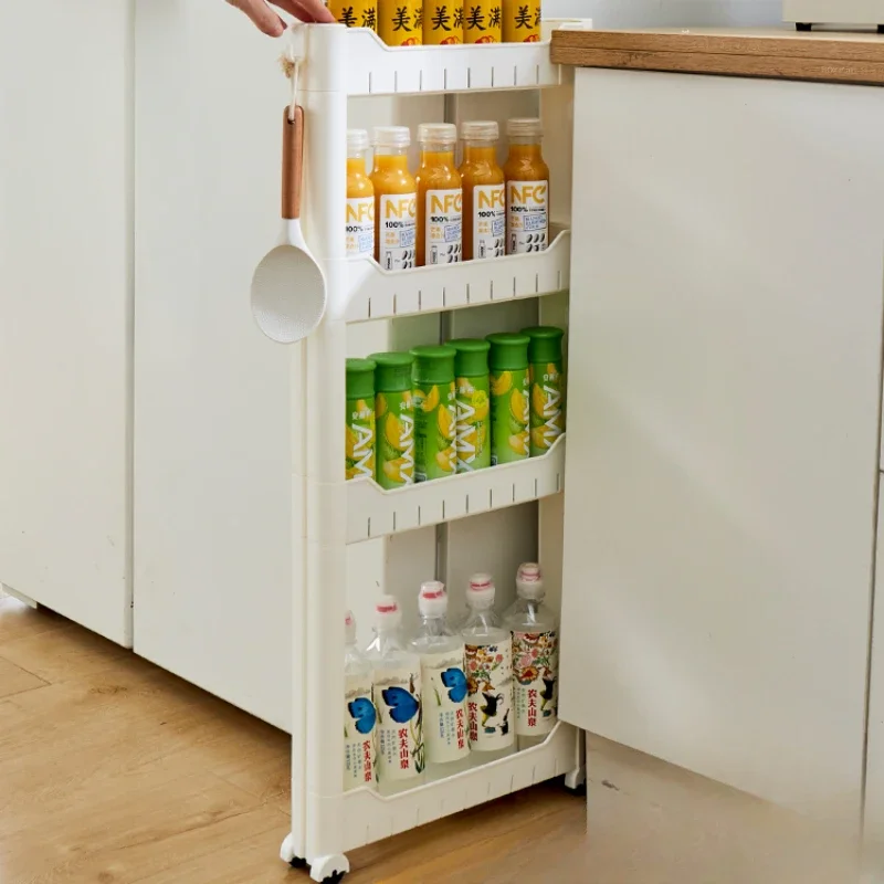 Cream Style Kitchen Hidden Seam Storage Rack Refrigerator Dream Back Seam Storage Cabinet Bathroom Movable Wheeled Storage Rack