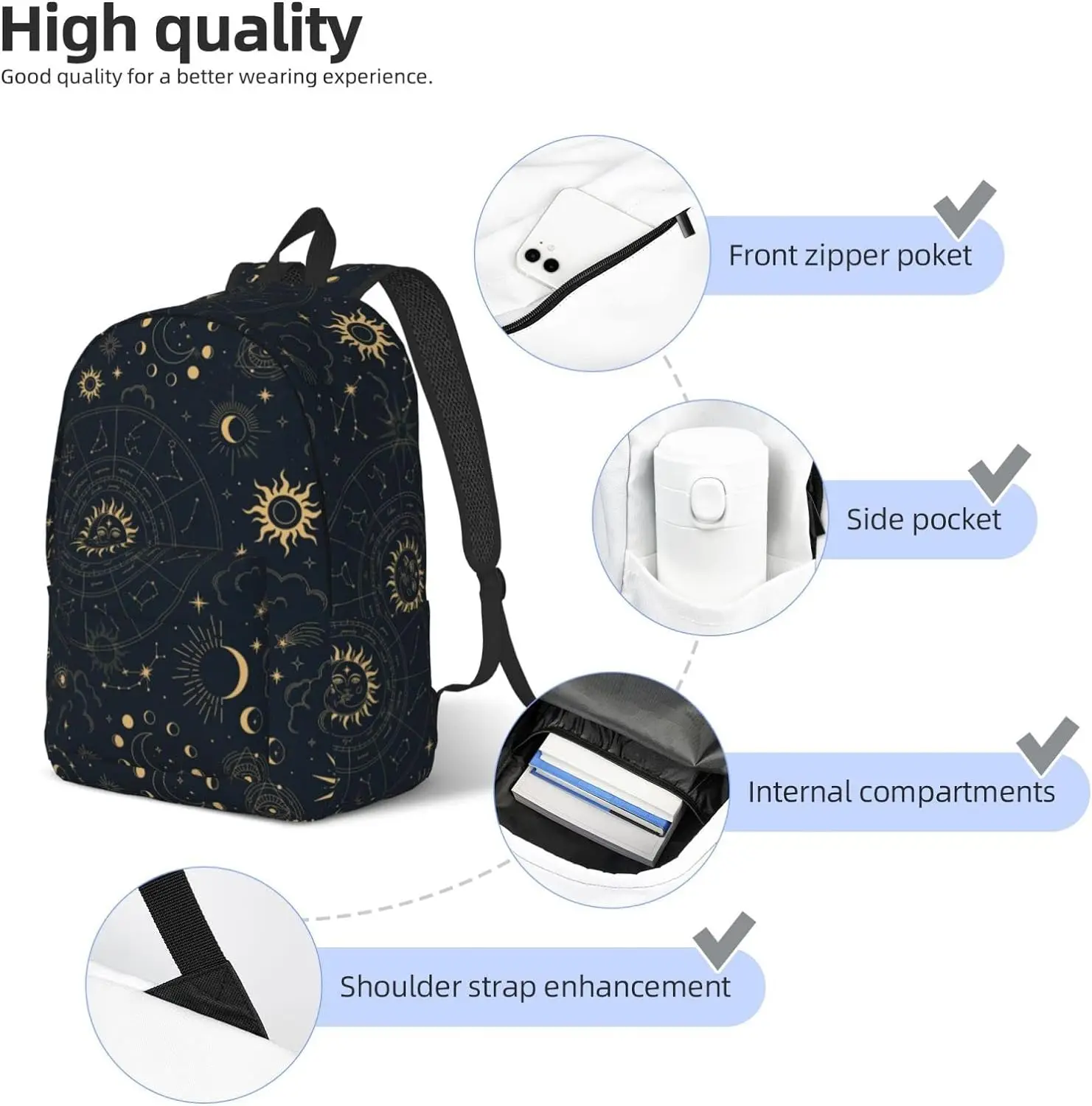 Backpack Casual Lightweight Gold Sun Moon And Stars Laptop Backpack Men Women Travel Bag Outdoor Canvas Daypack