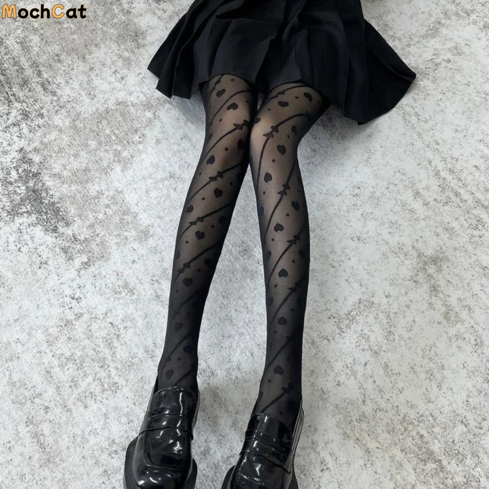 

Comfortable Bowknot Heart Long Tights Transparent Lolita JK Stripe Dot Stockings Harajuku Ultra-thin Mesh Pantyhose Lady