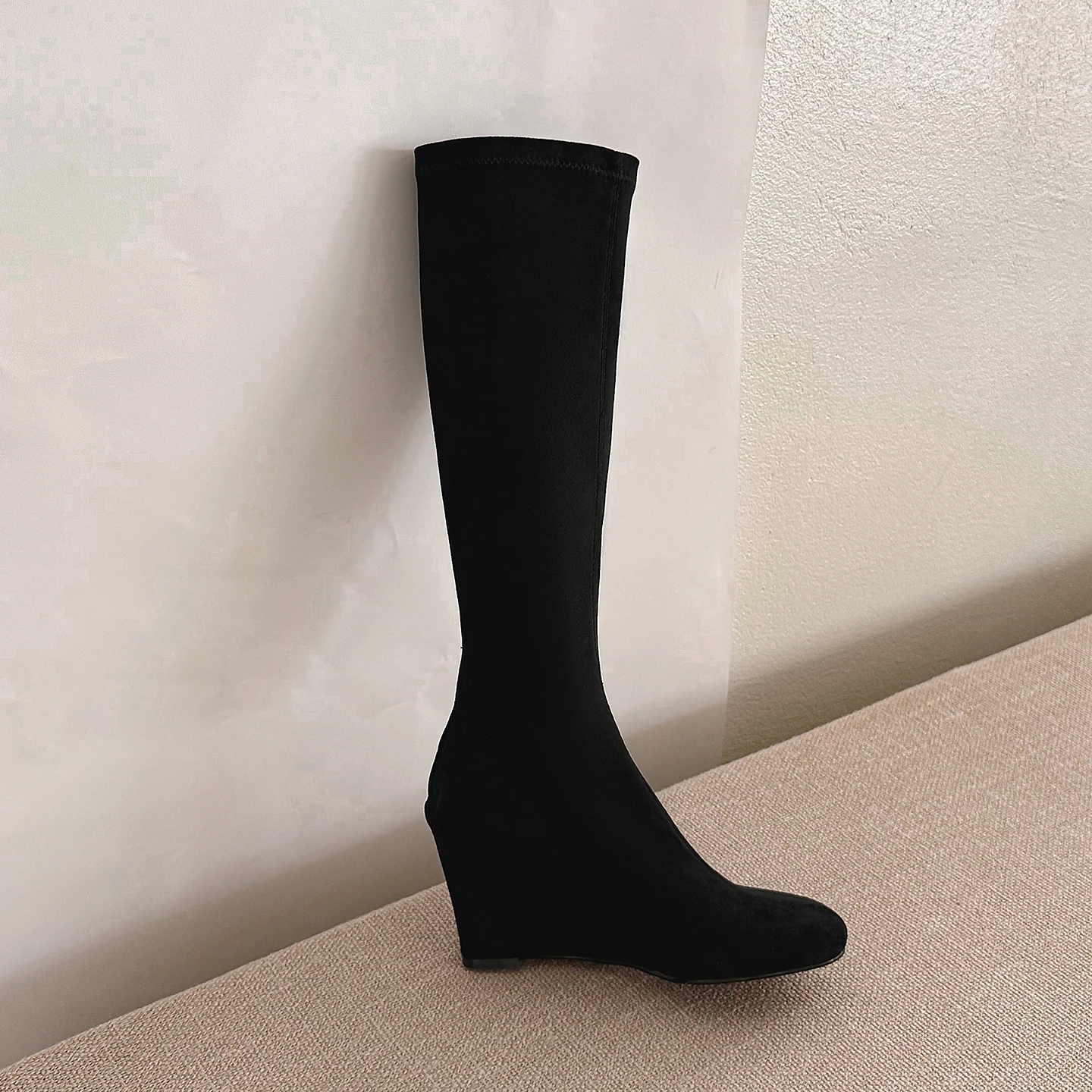QUTAA 2027 Fashion News Stretch Fabric Women Knee High Boots Woman Winter Shoes Autumn Wedge Heels Round Toe Long Boots 34-42