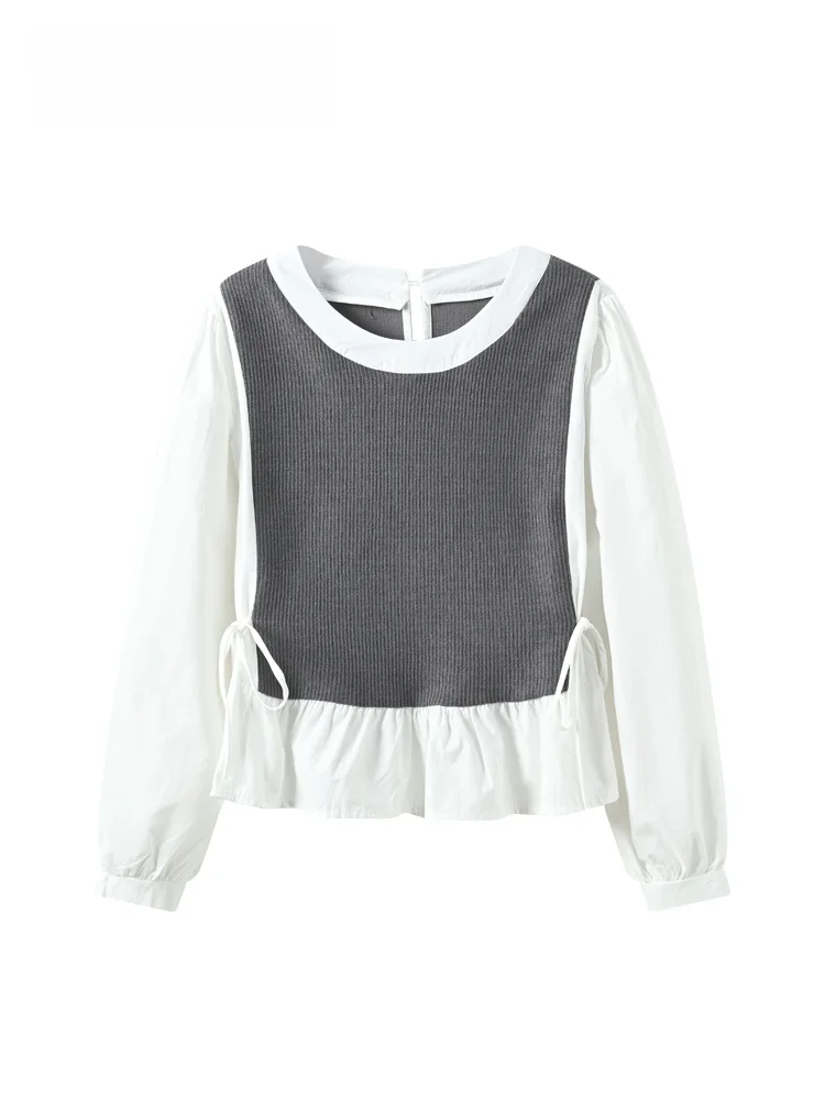 

Faionable plus Size Women's Long Sve round Ne irt Korean Sle Autumn Top Ele Age-Defng Fake Two-Piece Outfit