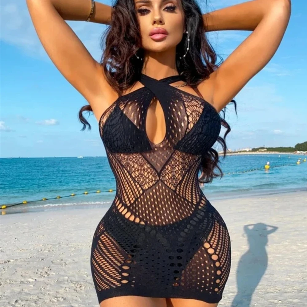 One-piece Fishing Net Bodycon Dress Sleeveless Women\'s Mesh Skirt Sexy Hollow Out See Through Nightwear Night Club Erotic Wear