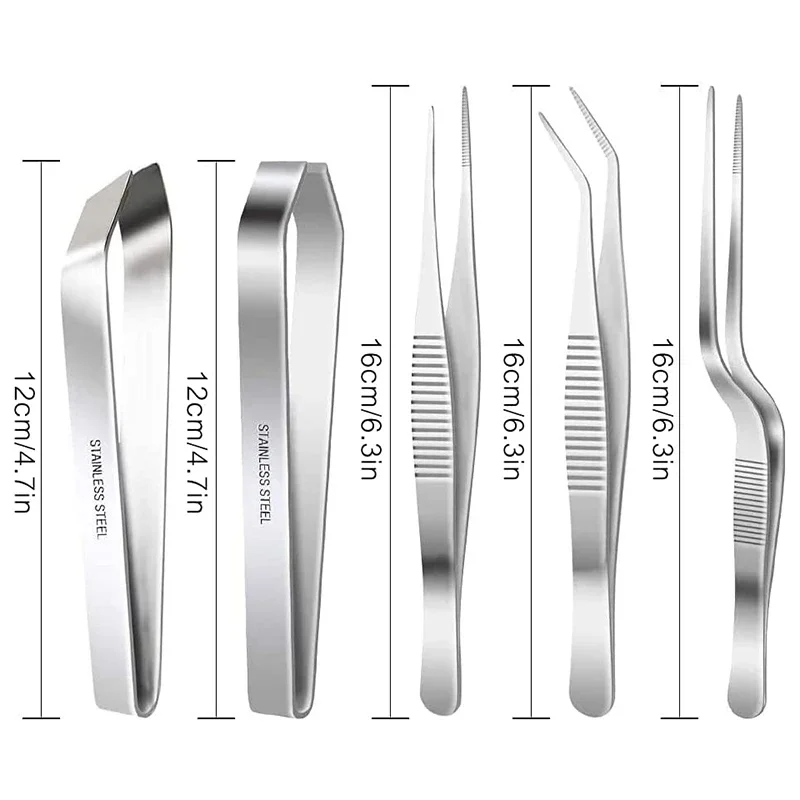 5 Pack Precision Tweezers Set Stainless Steel Cooking Tongs Serrated Tips Flat Slant Fish Bone Pliers DIY Styling Medical Beauty