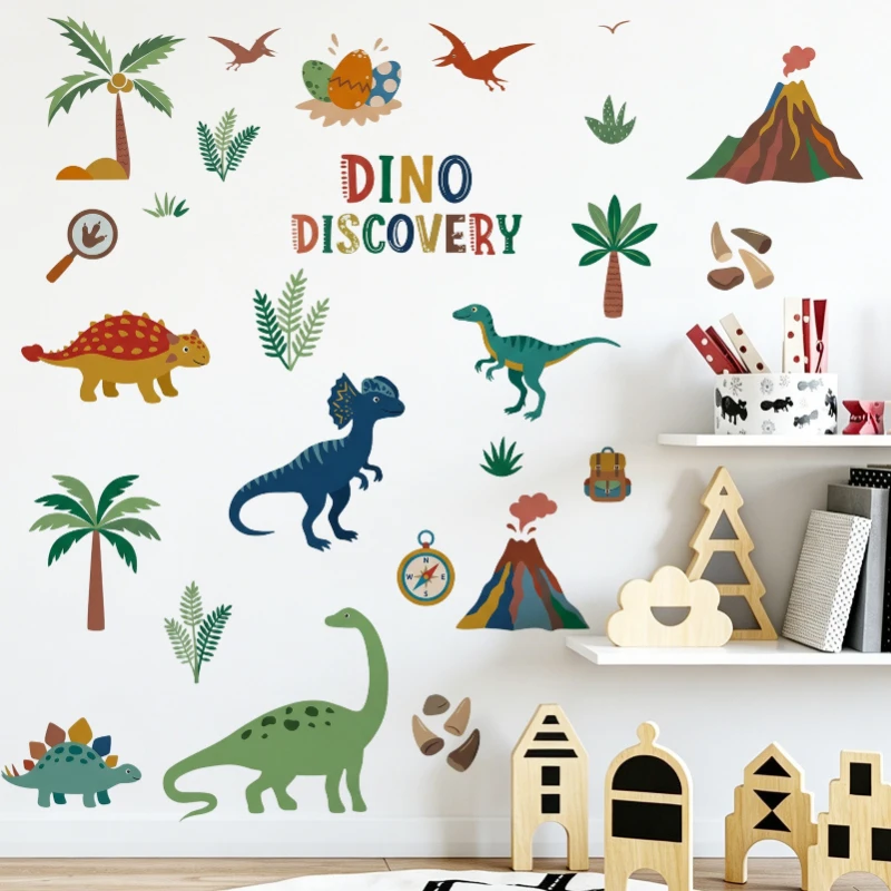 Cartoon Painted Dinosaur Wall Decals, Forest Dinosaur Group Self‑Adhesive Stickers for Playroom Bedroom Wall Decor
