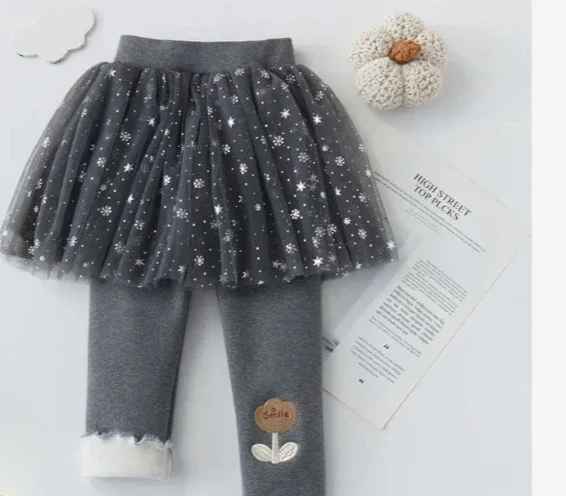 Children Clothing 2023 Girl Winter Plush and Thickened Skirt Pants Mesh Skirt Hem Fake Two-piece Leggings Children Fashion Pants