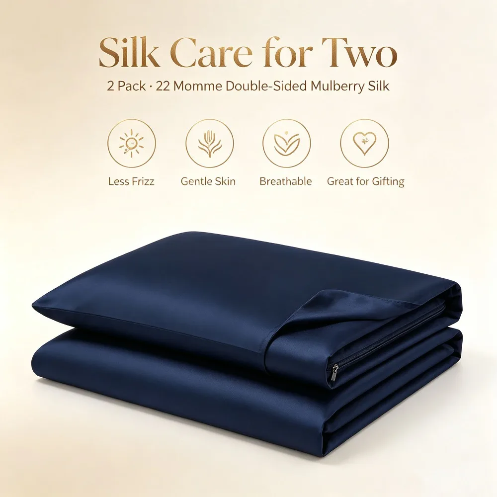 2 Pack 22 Momme Mulberry Silk Pillowcase Double-Sided Hidden Zipper Set of 2 Silk Pillow Cover for Hair Skin Gift for Couple