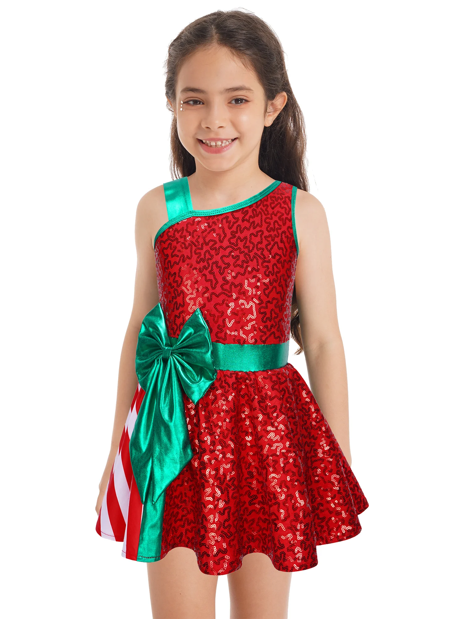 Kid Girls Sequins Christmas Santa Clause Costume Xmas New Year Elf Cosplay Sleeveless Bow Tutu Dress Party Performance Dancewear