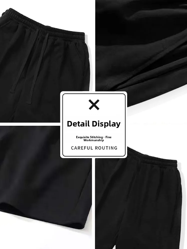 ملابس خارجية من القطن الخالص للرجال صيفية رفيعة وفضفاضة ومستقيمة غير رسمية من القطن الخالص بأرجل واسعة وسراويل بخمسة أرباع #4