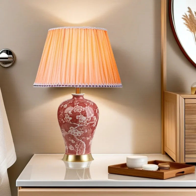 Traditional Ceramic Plum Blossom Table Lamps Gold Base Peach Pleated Fabric Shade Bedroom Bedside Living Room Restaurant Fixture