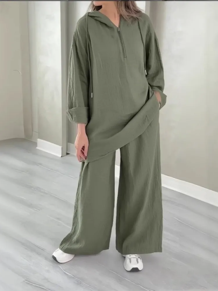 

Fashion Long-sleeved Hooded Half-zipper Top + Wide-leg Pants 2-piece Set For Women Lazy Solid Color Loose Casual Suits Female