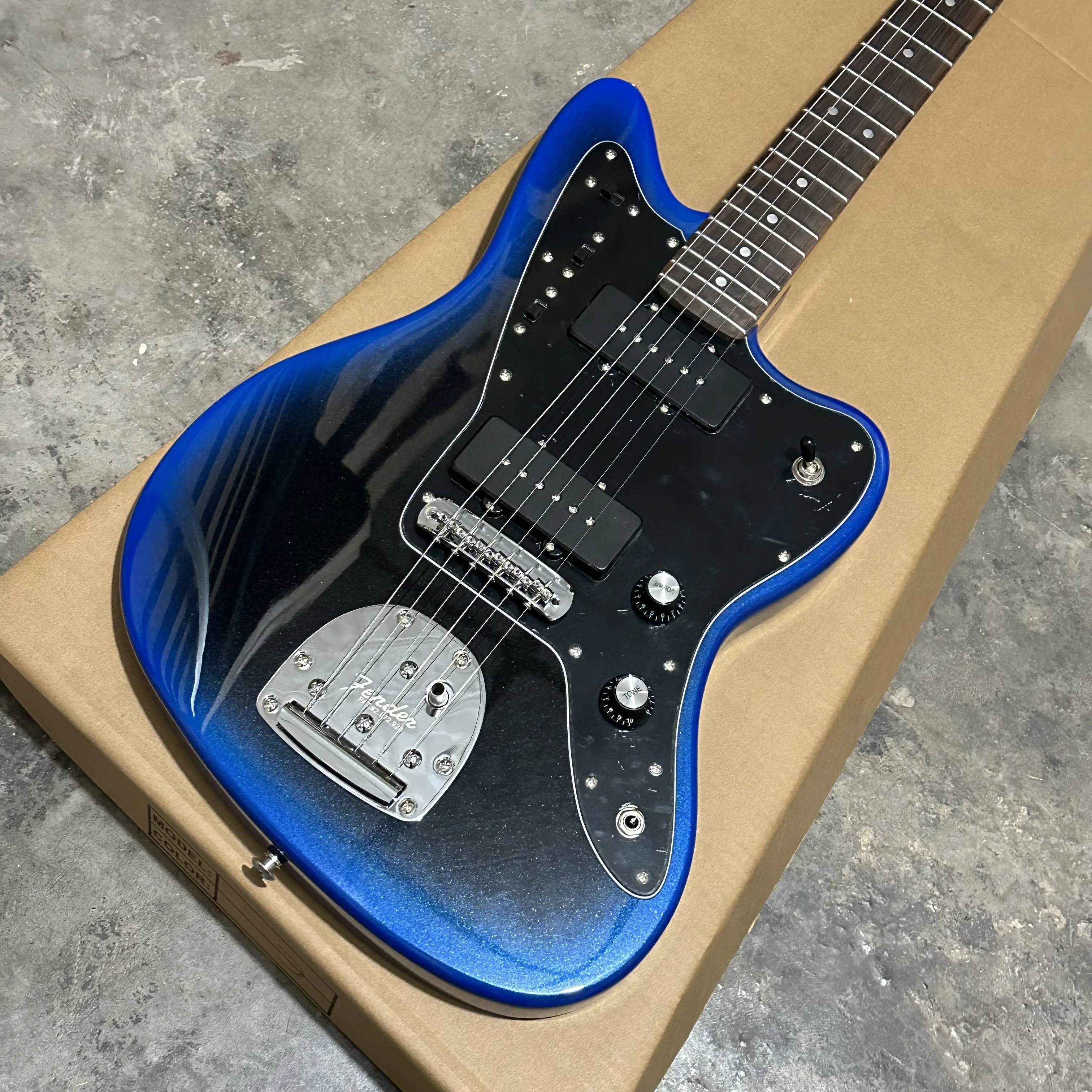 Jaguar Blue Color Burst Electric Guitar Features Dual Humbucker Pickups, Black Pickguard, Rosewood Fretboardlor