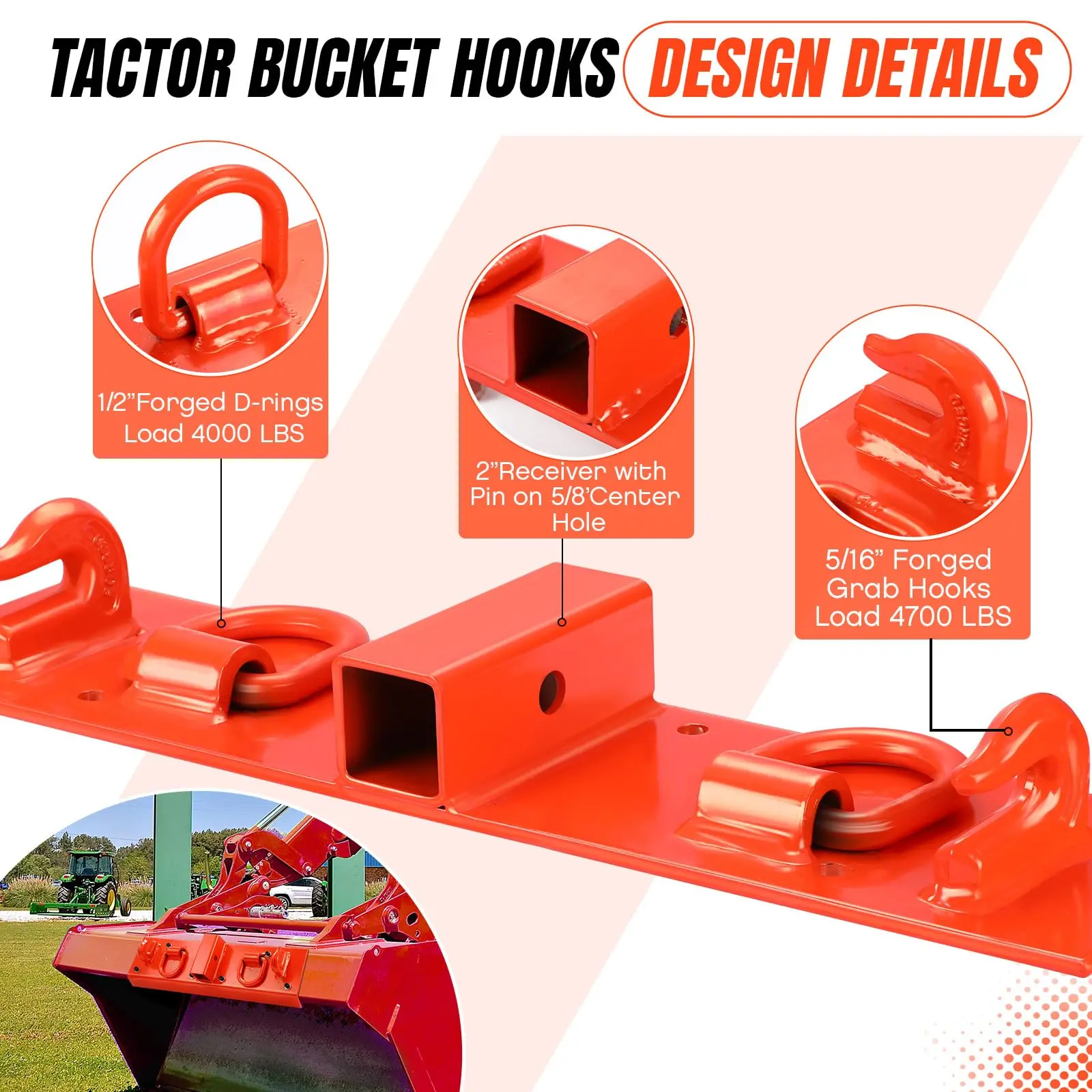 Tractor Grab Hooks,Heavy Duty Bolt On Compact Tractor Bucket Hooks 2 in Receiver Compatible with John Deere 1025R 2320 2520 2720 2025R 2032R 2038R 3032E 4010 4100 4110 4115 (4100Z)