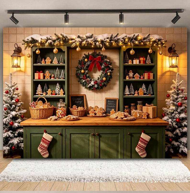 Christmas Kitchen Photography Backdrops Gingerbread House Cabinet Cookie Wreath Stocking Winter Holiday Family Decor Background