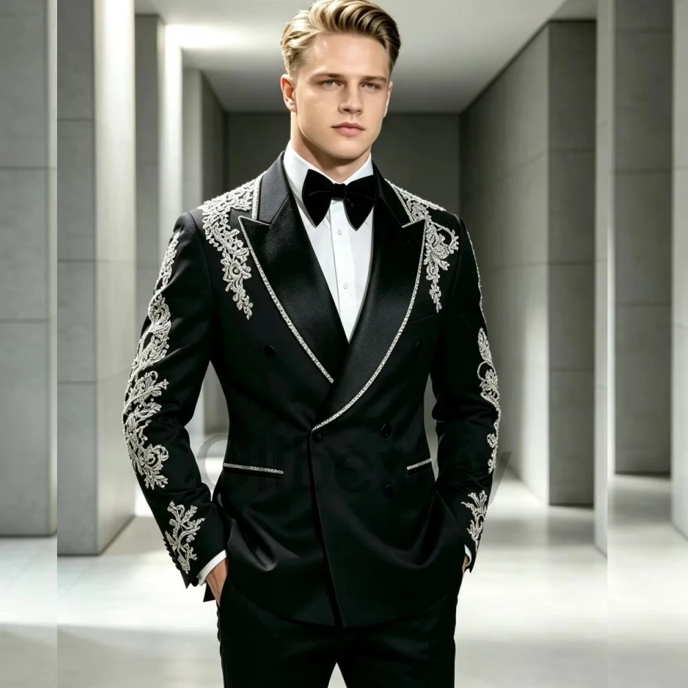 Olibexley Luxury Beaded Crystals Men Suits Shawl Lapel Groom Tuxedos 2 Pieces Costume Homme Wedding Prom Blazers Customized S398