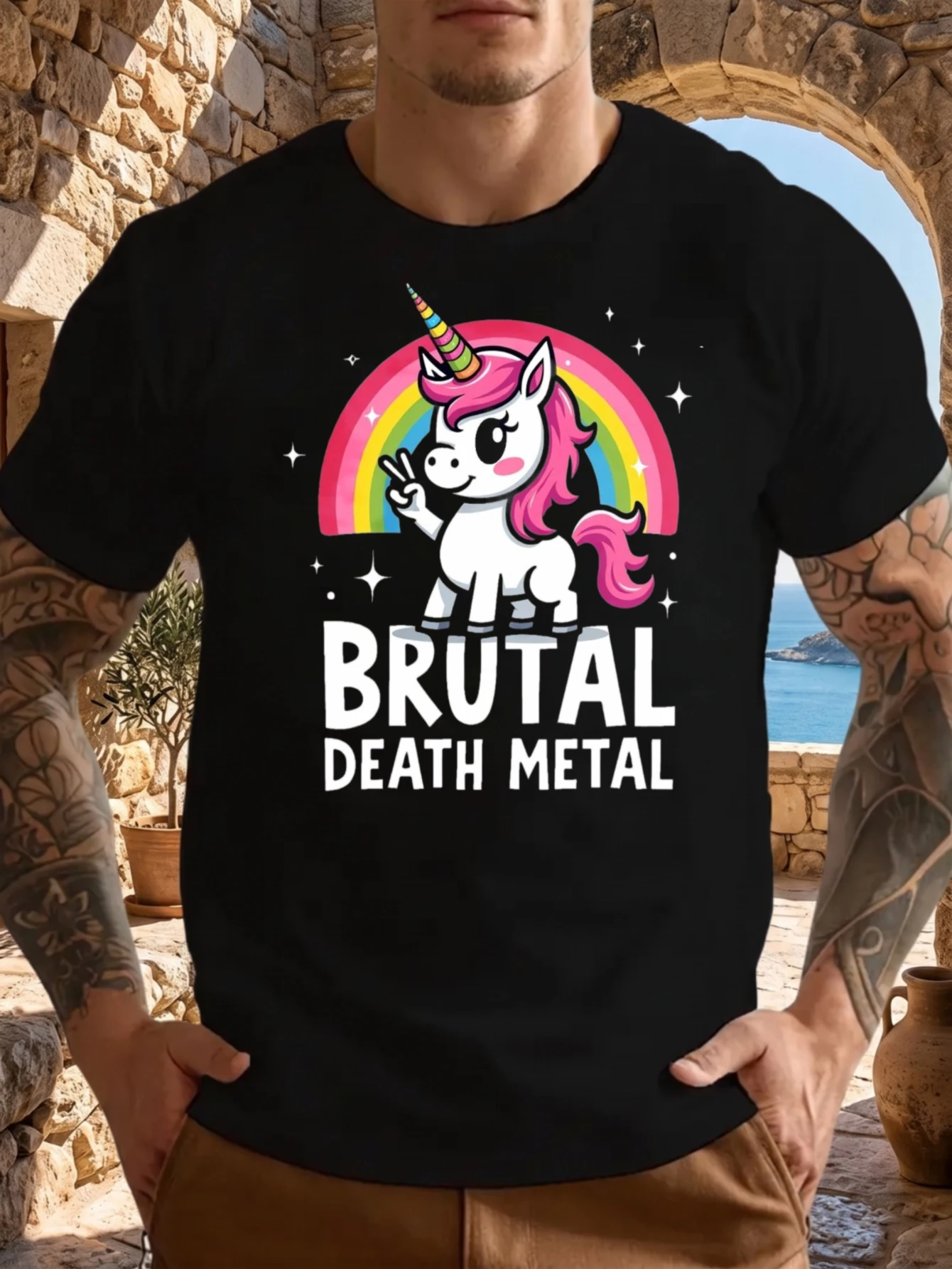 T-shirt à manches courtes 100% coton, 1 pièce, humoristique, licorne arc-en-ciel, Brutal Death Metal, col ras du cou, adapté à un usage quotidien en extérieur