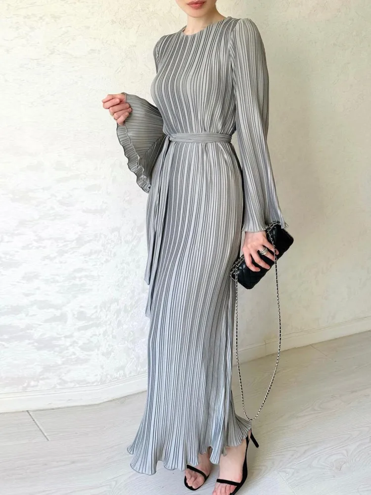 Long Flare Sleeves Maxi Dress Back Lace-Up Straps Elegant Casual 2024 Spring Autumn Winter For Women Birthday Pleated Dresses