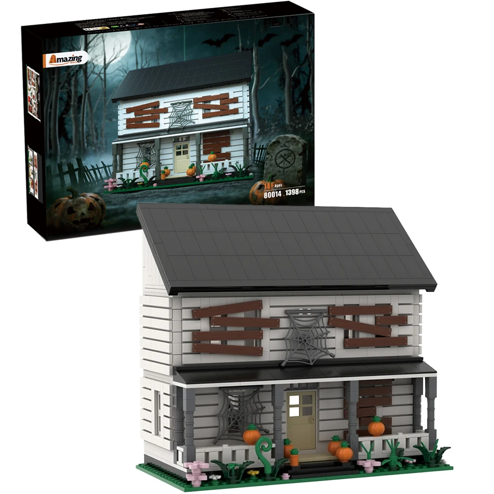 1398 pièces Blocs de construction Maison hantée d'Halloween Modèle de villa abandonnée en briques Ornement de bureau Jouet éducatif Puzzle Cadeau de vacances