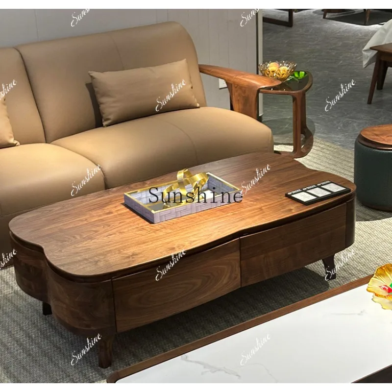 

Medieval high-end black walnut leather three-person home living room straight sofa FT