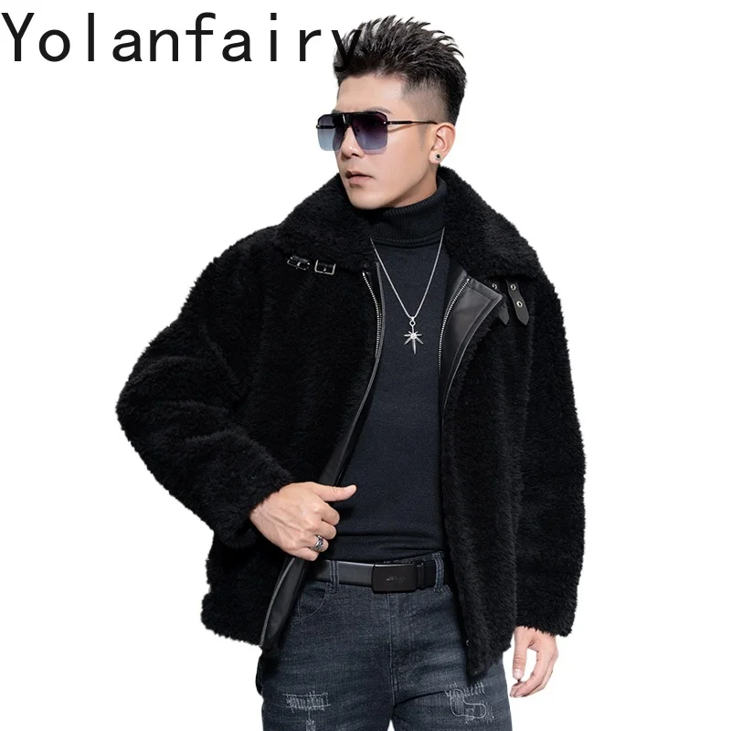 YOLANFAIRY-Jaqueta de couro recortada para homens, lã natural, casaco de pele real, jaquetas shearling, ajuste solto, roupas de inverno, 2024