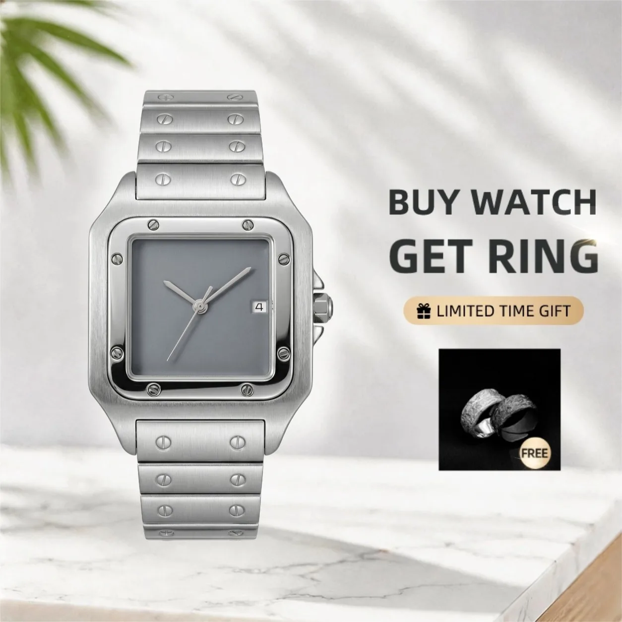 

CILOA Silver Square Watch Men's Simple High Quality Light Luxury Gift Fashion Stainless Steel Waterproof Compact Quartz Watch