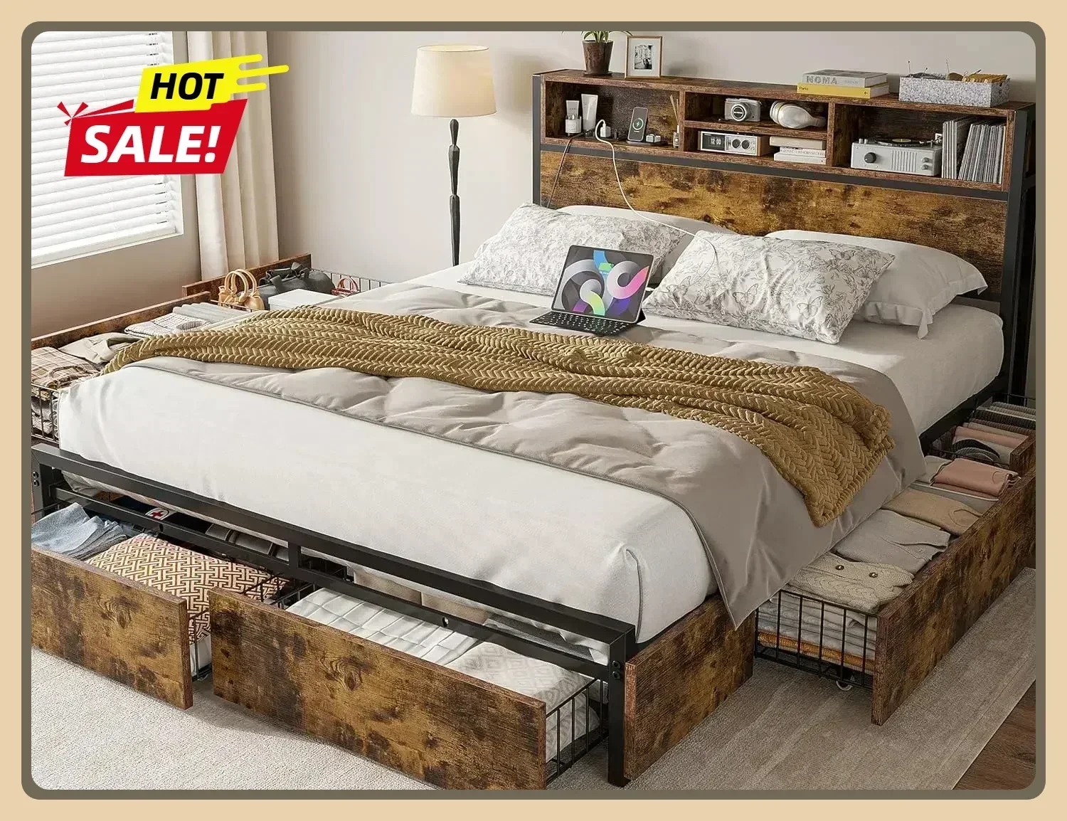 BestsellerQueen Bed Frame with 6 Storage Drawers Queen Bed Frame with Headboard with Charging Station, No Noise Queen Size Bed F