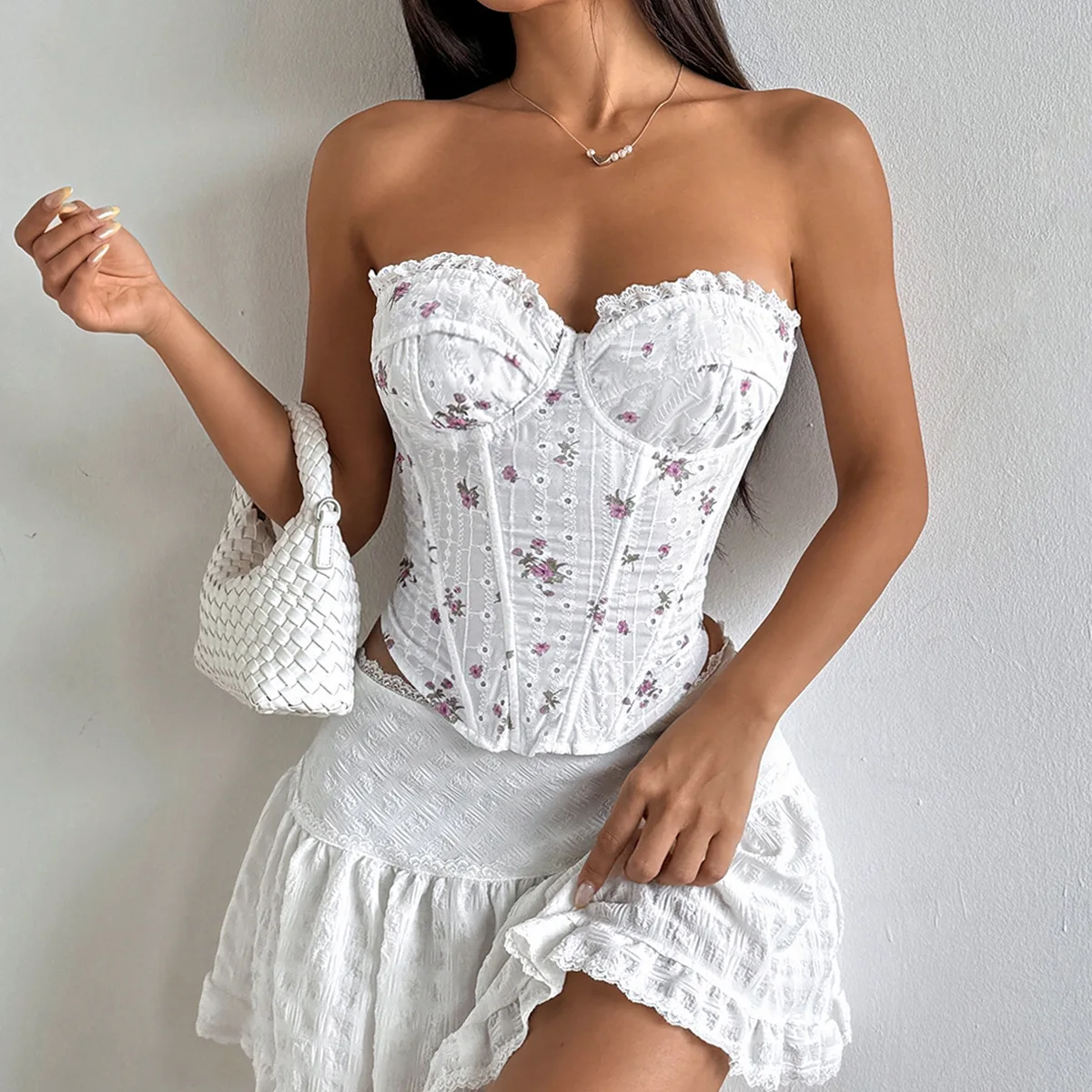 

Floral Strapless Corset Crop Tops Lace Up Boned Camisole Women Summer Fashion Sexy Sleeveless Slim Tank Top Shaper Vest Clubwear