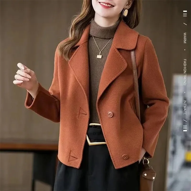 

Women Fashion Short Double Sided Overcoat 2024 Female Flip Collar Long Sleeves Wool Jacket Winter Lady Loose Fitting Woolen Coat