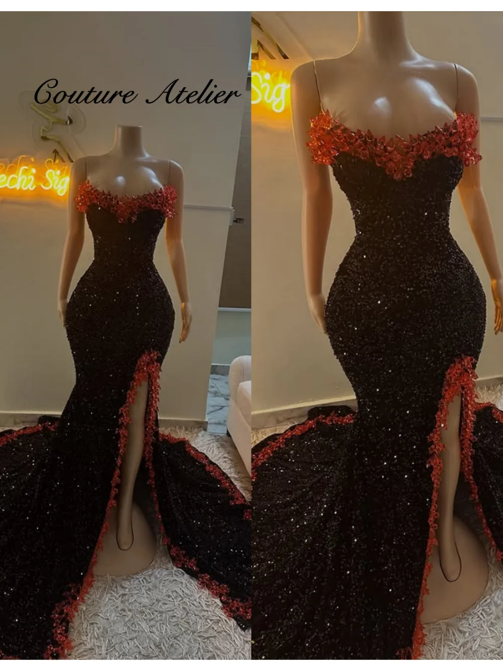 Pedras vermelhas dividir bola de formatura preto vestidos de baile preto menina sereia vestido de casamento africano sexy cocktail personalizado