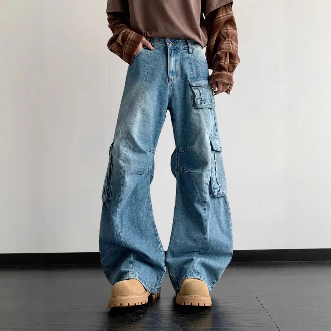 

Американские уличные новые модные мужские винтажные потертые синие свободные повседневные модные широкие джинсовые брюки с несколькими карманами, мужские джинсы