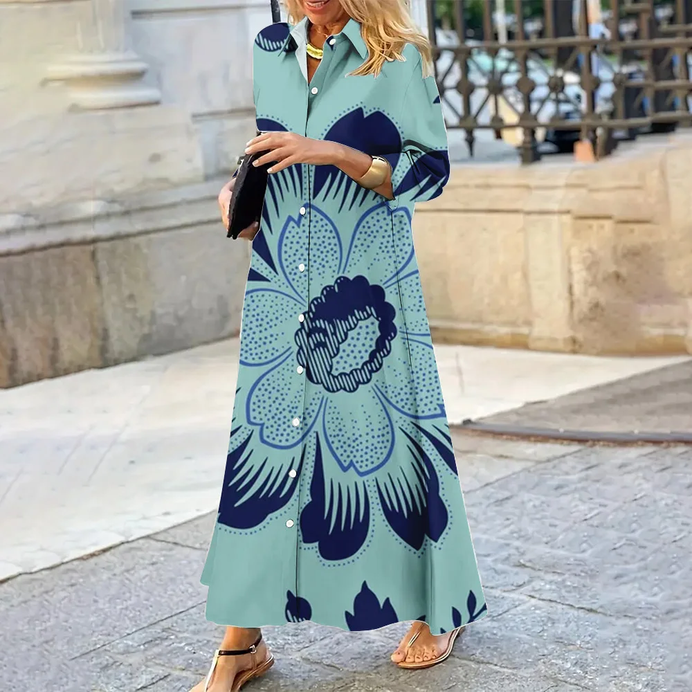 2024 Summer Fashion Women\'s Iapel Long-Sleeved Shirt Dress Antique Porcelain Blue Pattern Single-Breasted Shirt Dress Plus Size