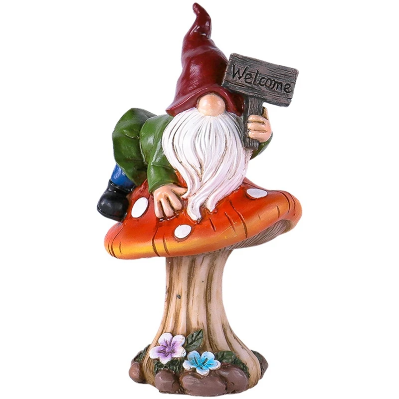 Faceless Elf Gnomes Raise Hand Welcome Sign Garden Decoration Outdoor Sitting On Mushroom Lawn Statue Garden Decor