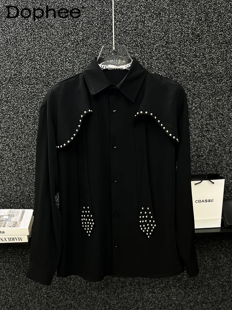 

Spring New Design Sense Metal Heavy-duty Rivet Long-sleeve Shirt Handsome Fashion Casual High-end Trendy Tie Shirt for Men