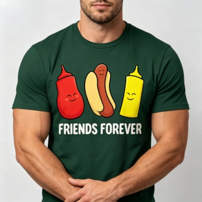Men 100% Cotton O Neck T Shirt Cute Cartoon Hot Dog Ketchup Mustard Bottles Friends Forever Text Fast Food Tee Tops