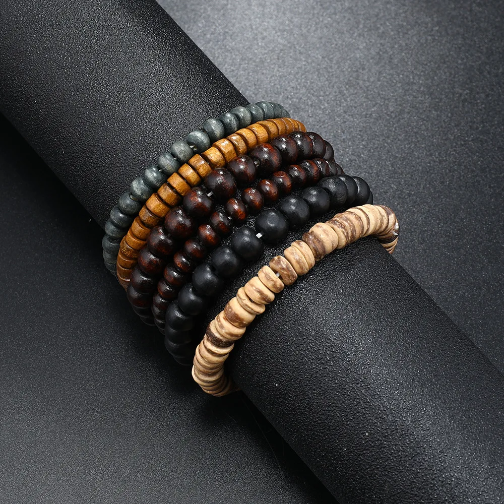 Fashion Men\'s Hand-beaded Bracelet Vintage Style Multi-layer Stretch Thread Wood Bead Coconut Shell Hand Ornament Charm Bracelet