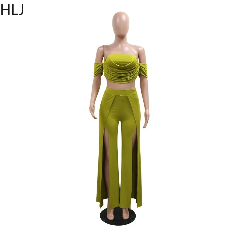 HLJ Fashion Slit Loose Wide Leg Pants 2 Piece Sets Outfit Women Off Shoulder Short Sleeve Crop Top And Pants Party Clubwear Suit