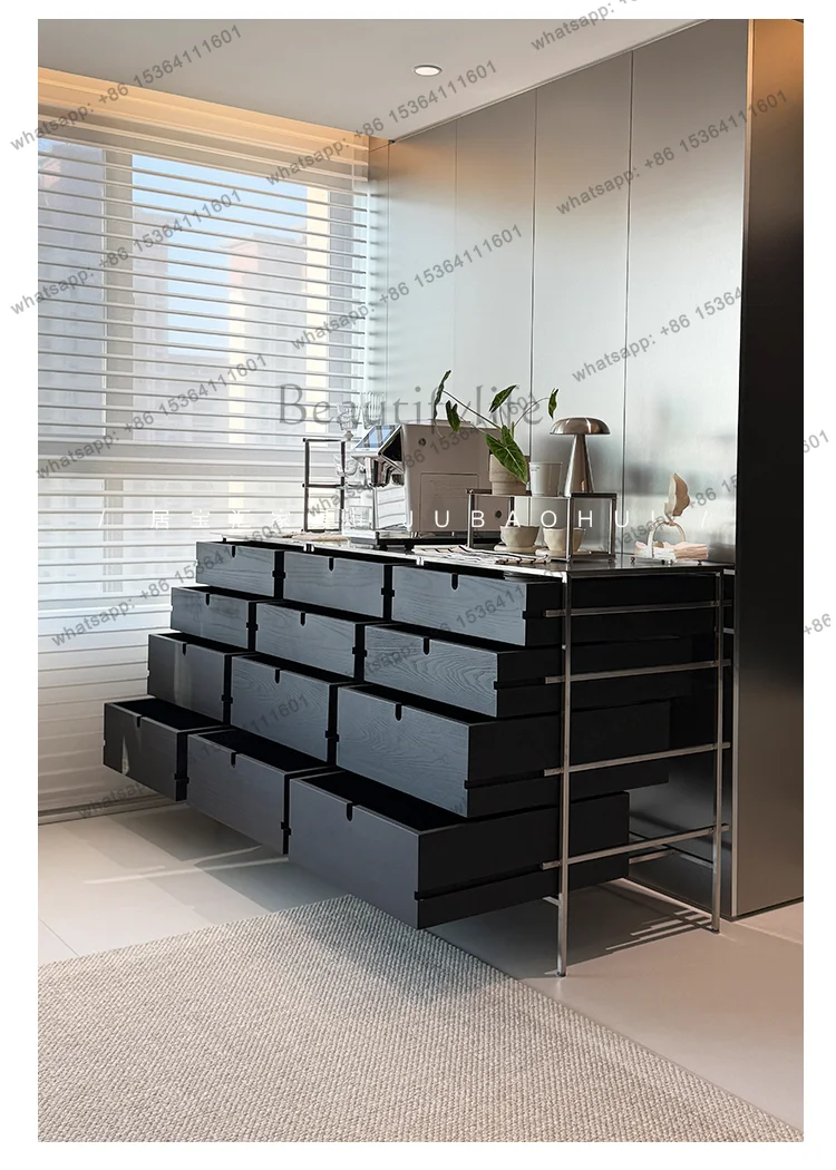 

Minimalist ash wood black stainless steel four draw ancient retro home side cabinet
