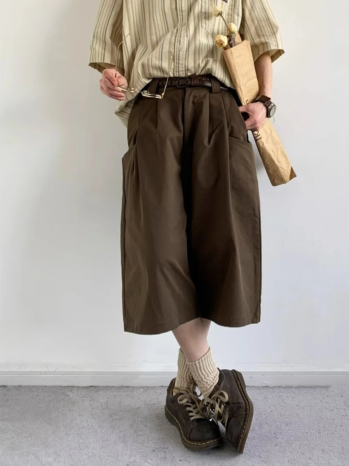 

Retro Japanese Neutral Coffee Color Casual Seven-Foot Pants Men's Women's Summer Lazy Loose Straight-Leg ort Trendy Pants