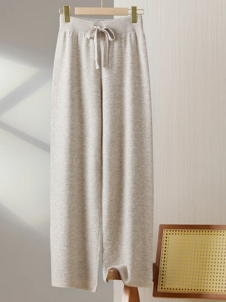 100% Wool Wide Leg Pants Women' Autumn Casual Straight Leg Trousers Loose High Waist Outside With Cashmere Knitted Mopping Pants