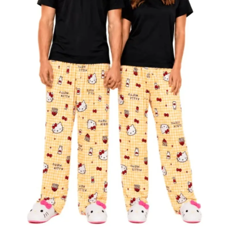 Hello Kitty Yellow Gingham Couple Flannel Pajama Pants Soft Fleece Elastic Waist Wide Leg Sleepwear Matching Home Trousers Gift