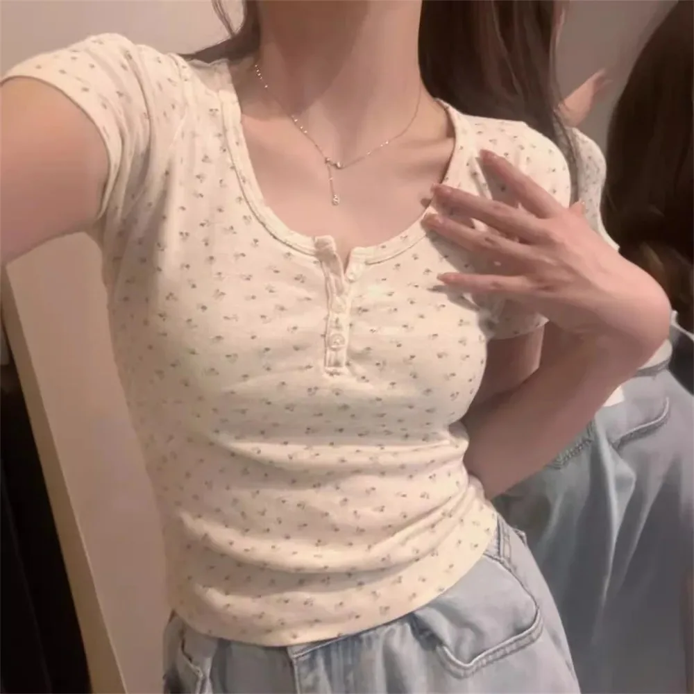 

Short sleeve Sexy U Collar Floral Print Lace Slim T-shirt 2025 Summer Women Clothing Floral Slim Shirt Button T-shirt Top