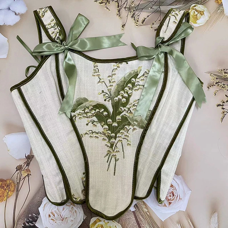 Beaushare Lily Of The Valley Embroidered Green Corset Cosplay Straps Designer Original Overbust Corset