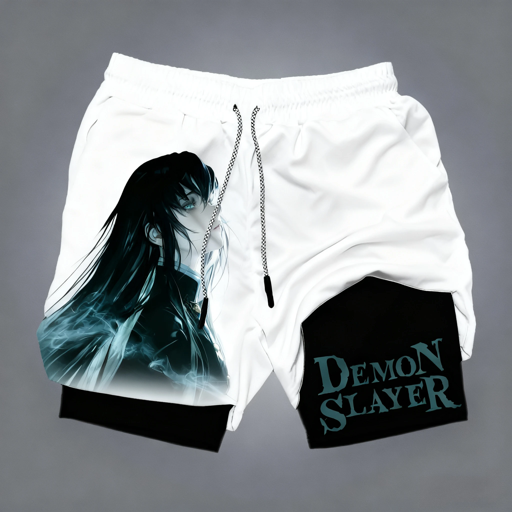 بانداي شيطان القاتل المطبوعة الرجال السراويل مزدوجة الطبقات 2026 الصيف الأمريكية فضفاضة وتنفس ورياضية شورتات الموضة #1