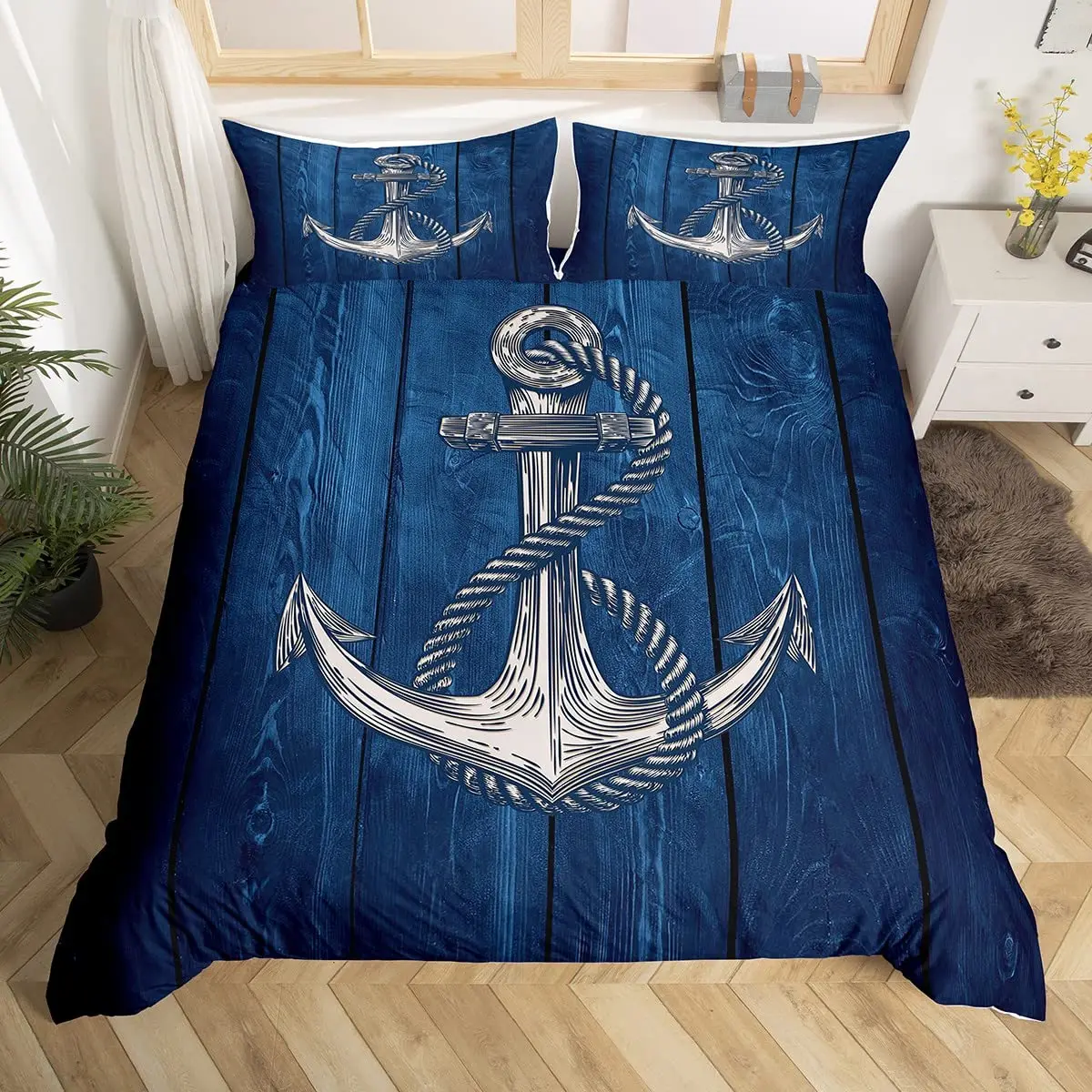 

Nautical Bedding Set Ocean Anchor Decor Duvet Cover Comforter Cover for Kids Boys Bedroom Collection 3Pcs Full Size,Navy Blue