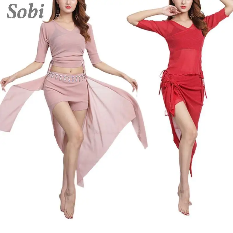 New Belly Dancing Clothes Women Girls Oriental Dance V-neck Half Sleeve Top Skirt with Short Skirt Sexy Mesh Bellydance Wear